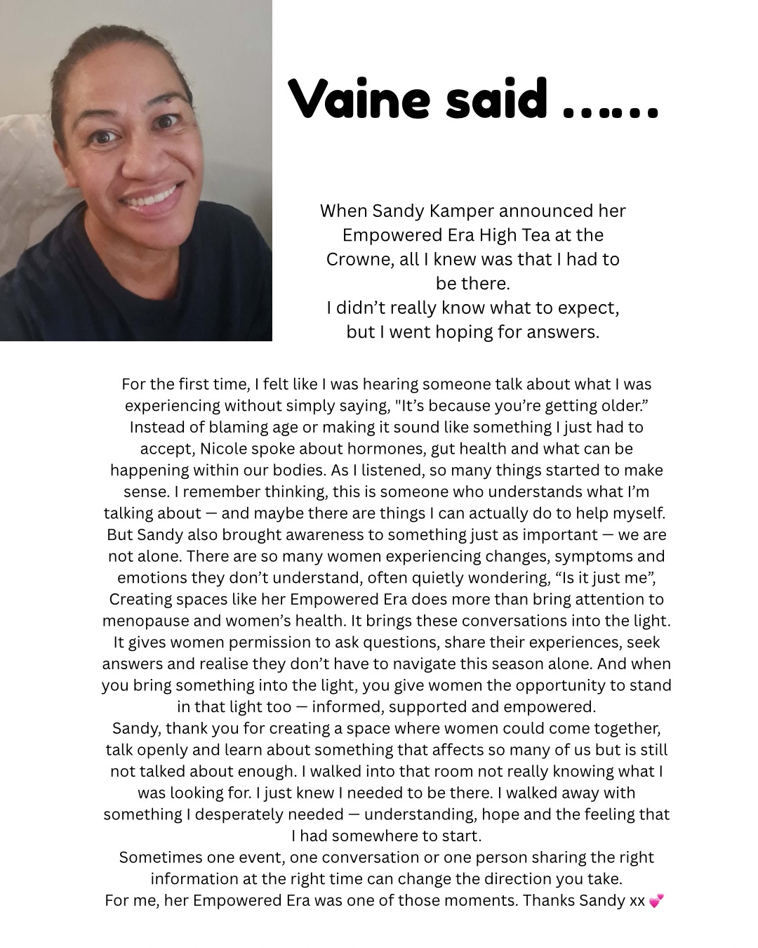 Vaine testimonial for the Her Empowered Era High Tea event